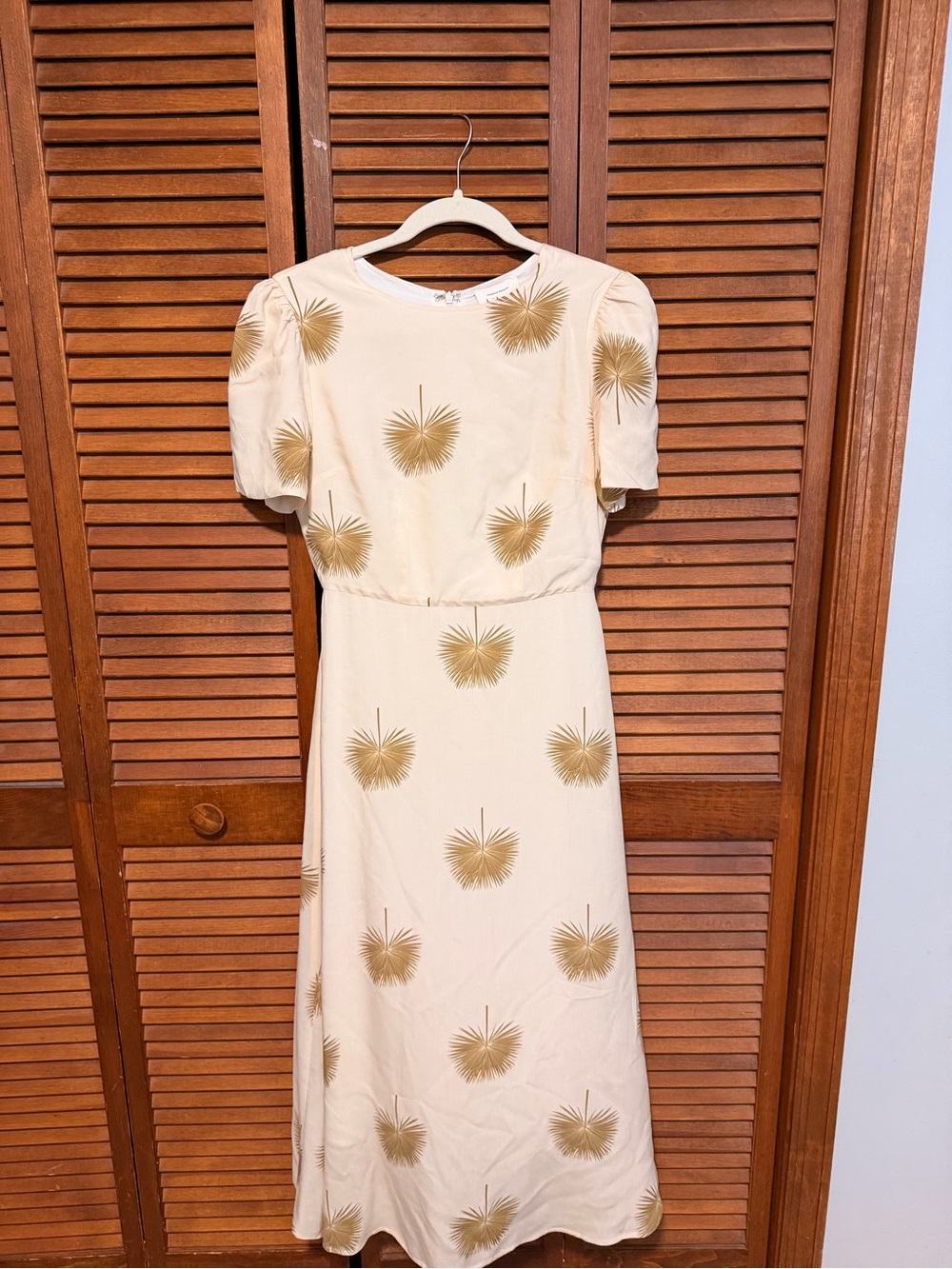 Bohme Cream Puff Sleeve Midi Dress with Gold Palm Motif